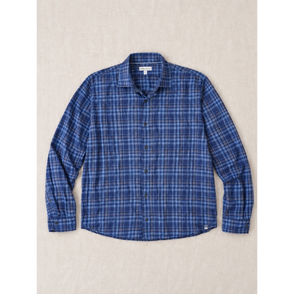 Peter Millar Mens Large Blue Plaid Button Down Shirt 100% Cotton Long Sleeve L